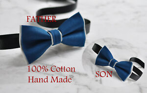 Father Son Match 100% Cotton Handmade Grey + Petrol Blue Bow Tie Bowtie Wedding