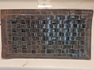 Retro Olive Green Woven Leather Purse Clutch Made India 10"X6" Silk Lined - Picture 1 of 9