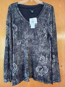 Calvin Klein Tunic Top Black Gray Long Sleeve V Neck Stretch Women’s Sz XL - Picture 1 of 12