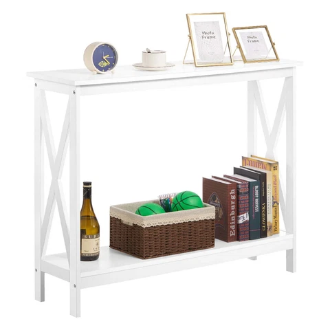 White Console Table, 2-tier Small Narrow Entryway Table with Storage Shelf Cover