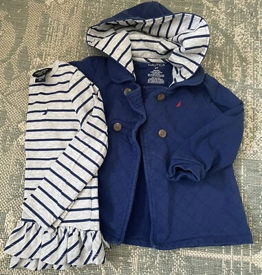 Conjunto de camisa a rayas y chaqueta azul marino de manga larga Nautica para niñas, talla 4T Foto 1 de 3