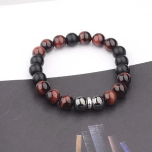 8''L STAINLESS STEEL 10mm Tigers Eye+Hematite+Onyx Gemstone Beaded Mens Bracelet - Picture 1 of 6