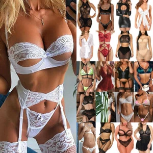 Women Sheer Sexy Lingerie Halter Bra G-string Set Sleepwear Nightwear Underwear - Picture 1 of 39