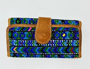 LEATHER Embroidered WALLET Trifold CREDIT CARDS Clutch BOHO Art - Picture 1 of 5