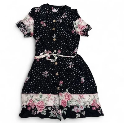 Vintage 80s 90s Annia’s Originals Polka Dot Floral Midi Dress Shoulder Pads M/L - Image 1 of 4