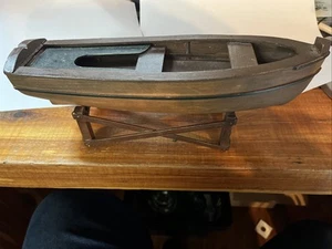 RARE Vintage Handmade 12” Wooden Row Boat Fishing Boat All Handcrafted &Stand - Picture 1 of 24
