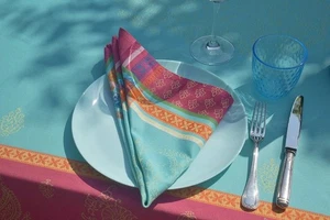 Serviette Jacquard Baumwolle 50x50 cm türkis mit Paisleymotiv aus Frankreich - Picture 1 of 4