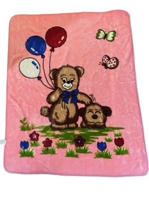 Manta bebé vintage oso de peluche globos cachorro mariposa rosa tiro Foto 1 de 4
