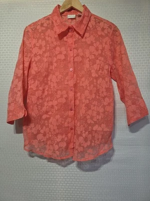 Blusa Kim Rogers Para Mujer L Transparente Floral Botón Frontal Manga 3/4 Coral Texturizada Foto 1 de 4