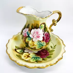 DE COLECCIÓN BRINNS EE. UU. JARRA DE ROSAS DECORATIVA Y LAVABO FESTONEADO CON MANGO DORADO - Imagen 1 de 10