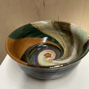 DOG Pottery Bowl Swirl Handmade Purple Brown Green White 9.5'' PAWS 3'' H - Picture 1 of 4
