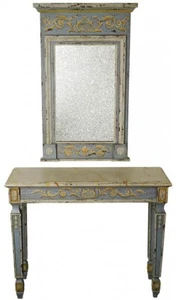 Console Table Antiqued French Blue Mirror Wood Glass Faux Marble Top Carv - Picture 1 of 1