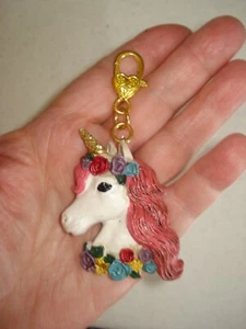 3 1/2" Baumeln buntes Harz Einhorn vergoldet Herz Karabinerverschluss Tasche Glitzer - Bild 1 von 3