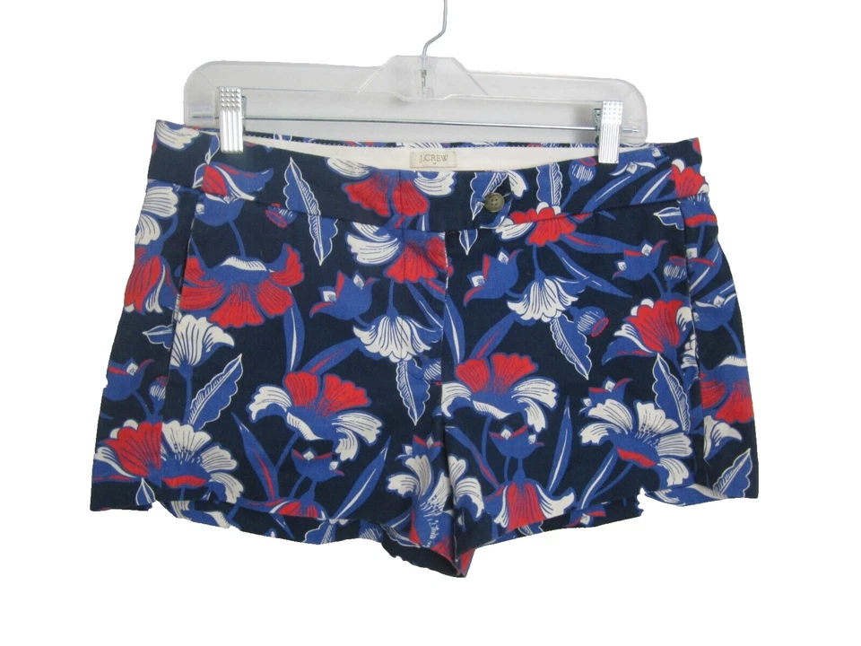 Pantalones Cortos J Crew Mujer 8 Azul Marino Rojo Blanco Floral Frente Plano 100% Algodón M Foto 1 de 4