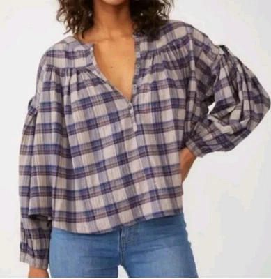 Free People We The Free Oversized Puffy Sleeve Jesse Plaid Top-Gray Combo Sz XS  - Image 1 of 4
