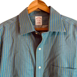 Camisa de vestir Brooks Brothers azul verde a rayas de algodón con botones para hombre talla 16 - Imagen 1 de 6