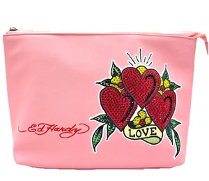 ED HARDY Bolsa de Maquillaje PVC Estuche de Artículos de Aseo Cremallera Estrás Corazón Tatuaje Amor Rosa Nuevo con Etiquetas - Imagen 1 de 6