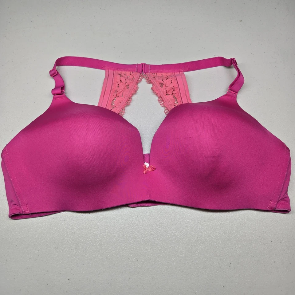 Cacique Women Bra 44D Pink Simply Wire Free Plunge Wireless Lace Bow Racerback - Image 1 of 4