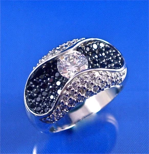 STERLING SILVER PAVE SET BLACK & WHITE CZ RING WITH A FLOATING CENTER, SZ-8 - Picture 1 of 4