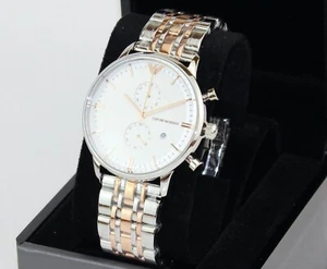 NEW AUTHENTIC EMPORIO ARMANI ROSE GOLD SILVER CHRONOGRAPH AR0399 MEN'S WATCH - Picture 1 of 12