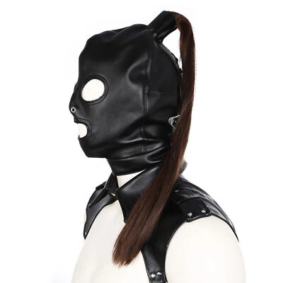 PU Leather Head Hood Restraint Harness Chest Belt Mask Hair Ponytail BDSM - Image 1 of 4