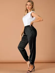 Womens Drawstring Elastic Waist Athleisure Pants Ankle Length Joggers Polyester - Picture 1 of 5