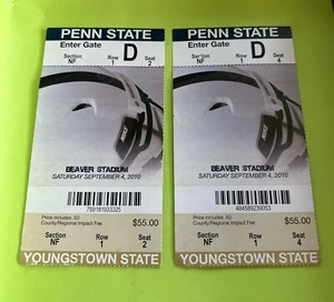 2010 Penn State Vs Youngstown State Football Ticket Stubs Sept. 4th 2010 - Picture 1 of 1