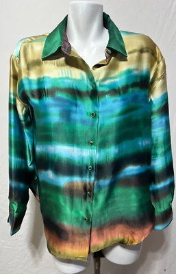 Blusa Top Bailey 44 Mujer Satén Grande Azul Teal Abstracto Abotonada Nueva Con Etiquetas Foto 1 de 4