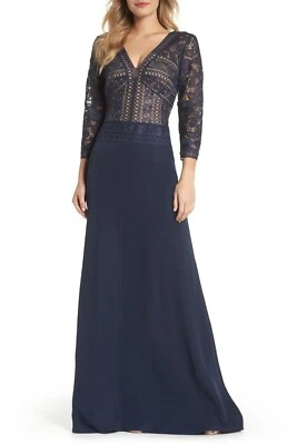 TADASHI SHOJI Navy Blue Nude EMILY Lace V-Neck Crepe A-Line 3/4 Sleeves Gown 10 - Image 1 of 4