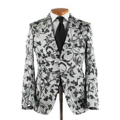 Italo Ferretti NWT Silk Blend Sport Coat Size 48 (38 US) Silver w/ Black Floral - Image 1 of 4