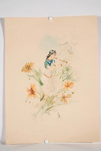 Aquarelle originale monogrammée MG vers 1900 Femme Musicienne Fleurs - Imagen 1 de 1