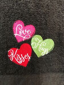 Embroidered Black Bathroom Hand Towel Valentine's Day Hearts Love Hugs Kisses
