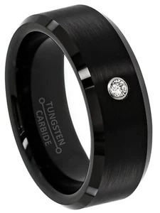 Mens Black Tungsten Ring 0.07ct White Diamond Ring, Brushed Wedding Ring #223 - Picture 1 of 4