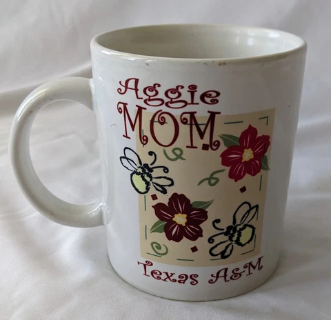 Aggie Mom Texas A&M Coffee Cup Mug Double Sided Design W/Flowers Bees NEW Cover