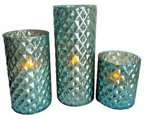 Valerie Parr Hill 3 Flameless Green Mercury Glass Crackle Pillar Candles New