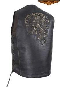 Men's Motorcycle Leather Vest w/ Native American Retro Brown Design & Side Laces - Bild 1 von 7