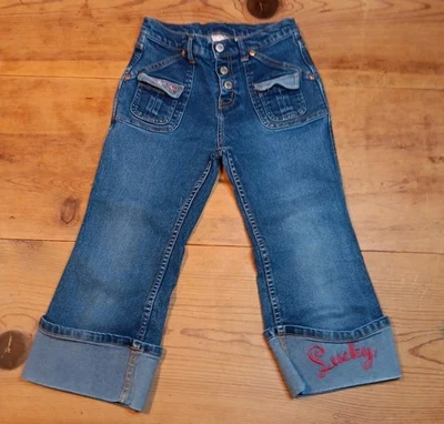 Pantalones de mezclilla capri Lucky Brand niña 8 puños bordado logotipo floral elástico botón mosca Foto 1 de 4
