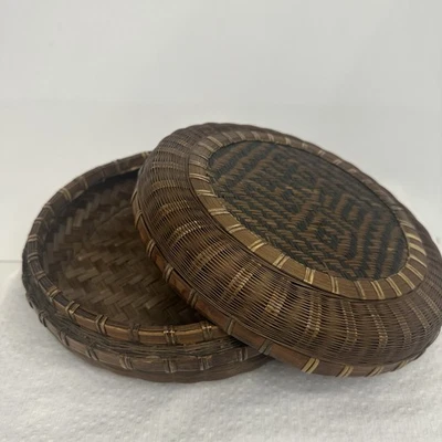 Vintage Asian Hand Woven Lidded China Chinese Sewing Storage Wooded Straw Basket - Image 1 of 4
