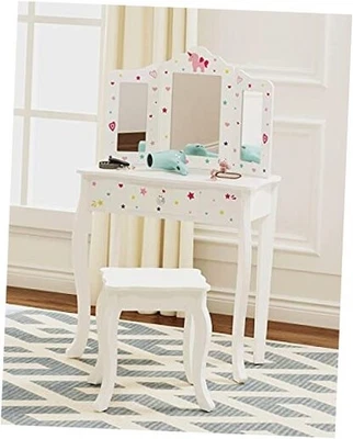  Juego de tocador y silla con espejo blanco-unicornio Pretend Play para niños Foto 1 de 4
