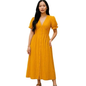 Vestido ligero plisado con volantes amarillo mostaza Shein para mujer elástico talla grande 0XL - Imagen 1 de 11