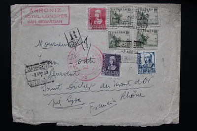 1939 SCW GUERRA CIVIL ESPAÑOLA MULTI SELLO CENSURADO R-COVER SAN SEBASTIÁN A FRANCIA Foto 1 de 2