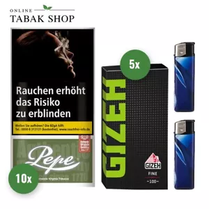 10x30g Pepe Rich Green Tabak Feinschnitt + 5x100er Gizeh Blättchen 2 Feuerzeuge - Bild 1 von 3