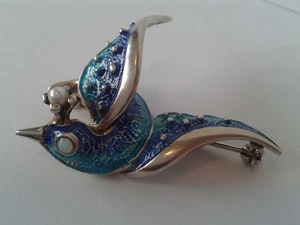 Jugendstil Pfau Brosche mit blauer Emaille Opal und Perle Silber Schmuck NEU - Picture 1 of 1