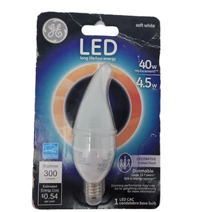 GE LED 4.5W = 40W DECORATIVE FROSTED FINISH CANDELABRA BASE DIMMABLE 300 LUM - Picture 1 of 4