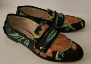 ZARA BASIC black Orange Green Blue Floral Brocade fabric Fringe Loafers 38 8 - Picture 1 of 6