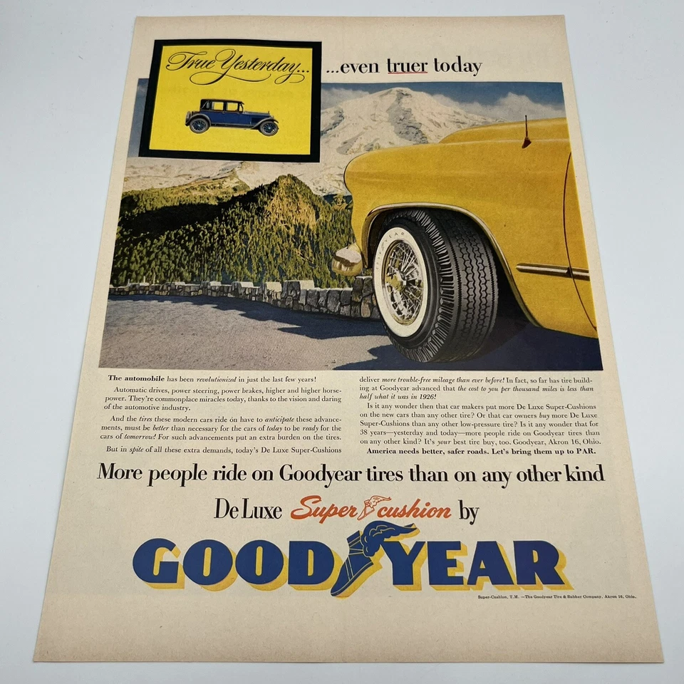 Goodyear Tires 1953 Vintage Print Ad 10x14" Deluxe Super Cushion coche amarillo Foto 1 de 1