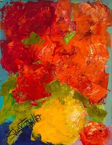 UNIQUE colorful RED ROSES VASE PAINTING Acrylic upcycle SWARTZMILLER DNA pop art - Picture 1 of 17