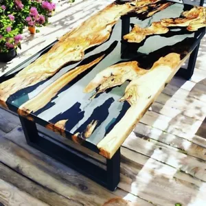 Clear Epoxy Resin Dining Table Top Luxurious Live Edge Wood Countertop Slab Deco - Picture 1 of 9