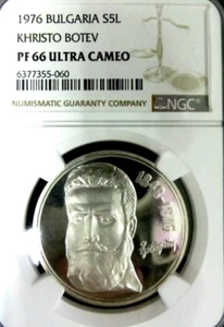 Bulgaria 1976 Khristo Botev Silver 5 Leva Super GEM Proof NGC PF66 - Picture 1 of 2