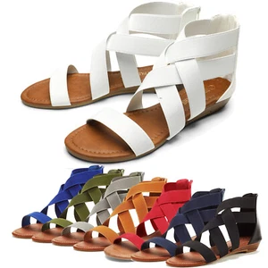 Womens Flat Sandals Elastic Cross Ankle Straps Gladiator Sandals Summer Shoes - Picture 1 of 53